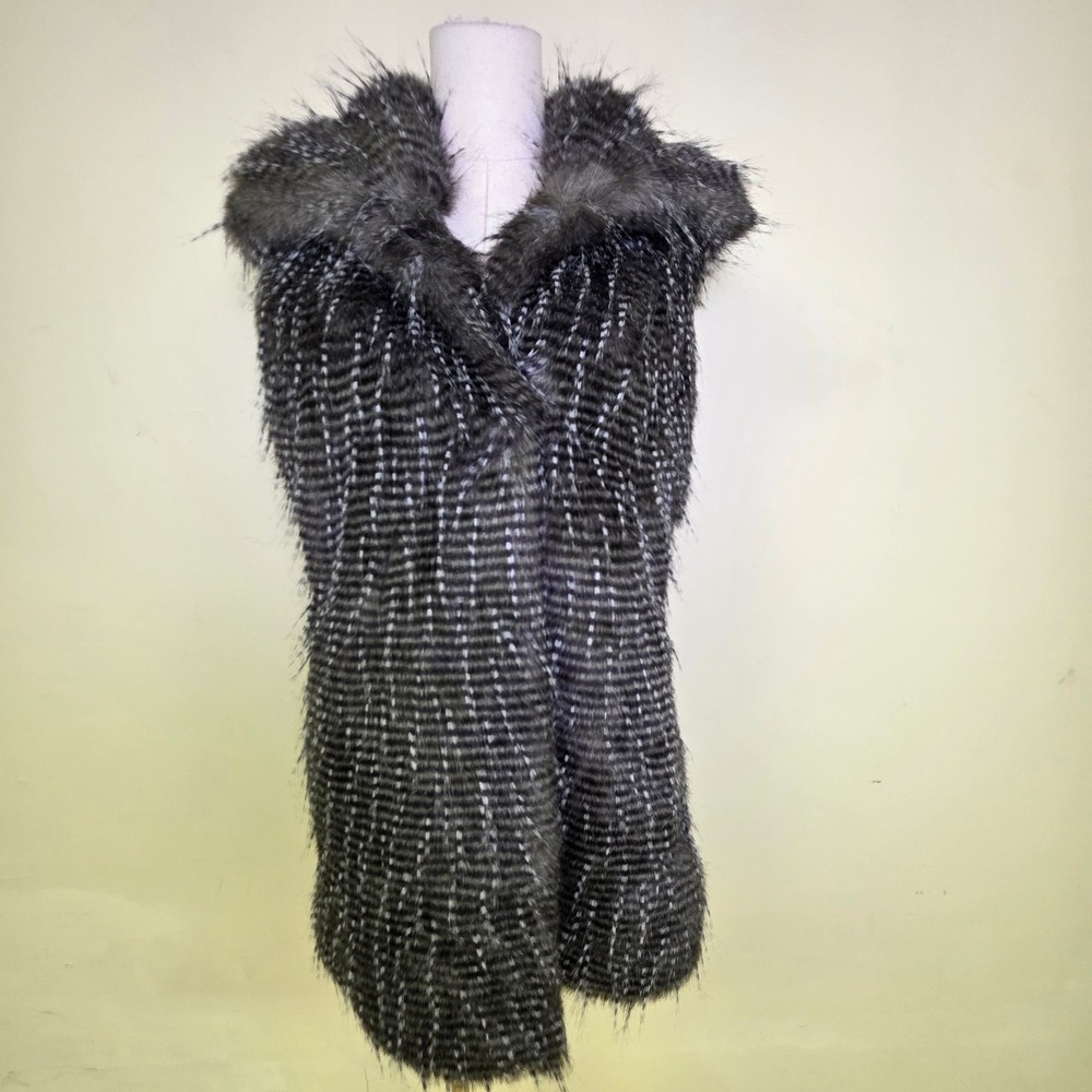 Kristen Blake Faux Fur Vest Gray Black Striped Shawl Collar Small Excellent